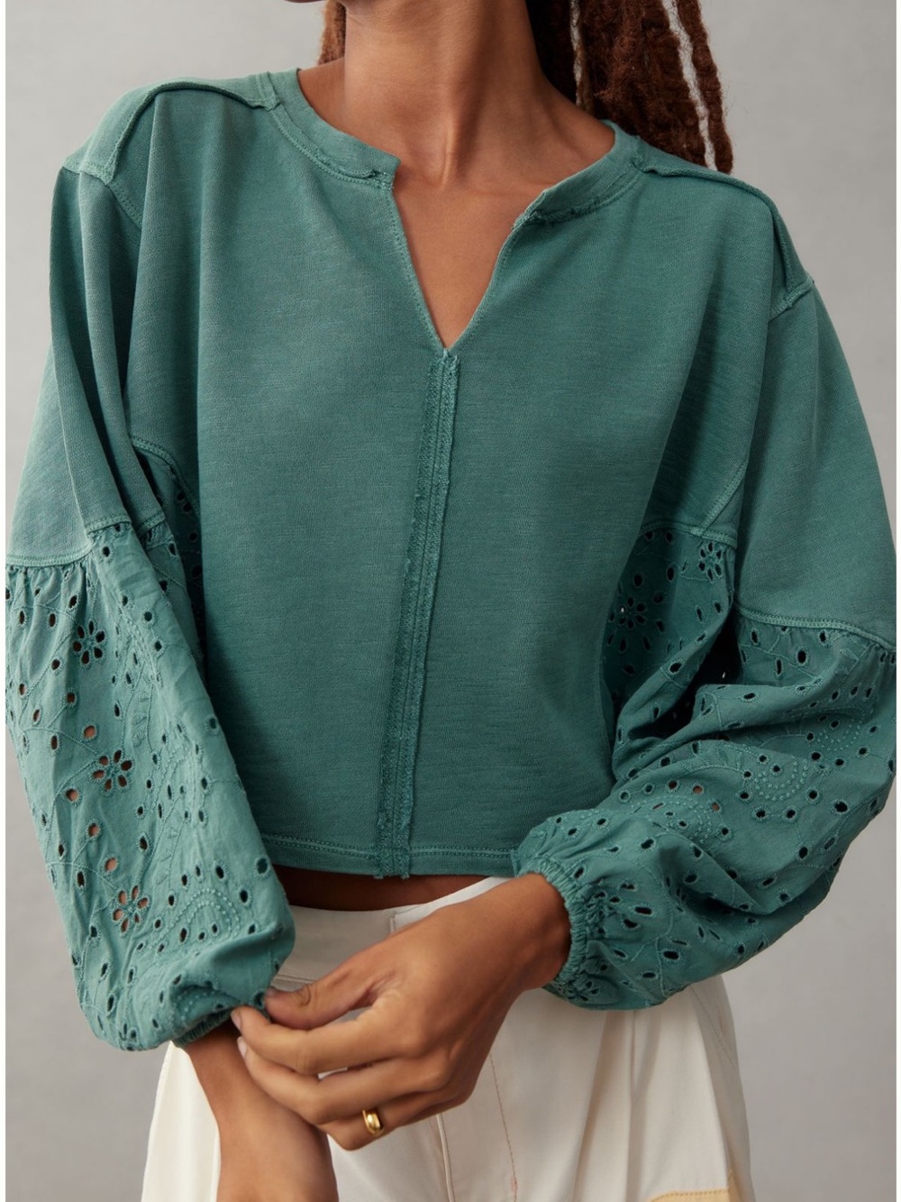 Pilcro Anthropologie Batwing Eyelet Sweatshirt Green Cotton Pullover S